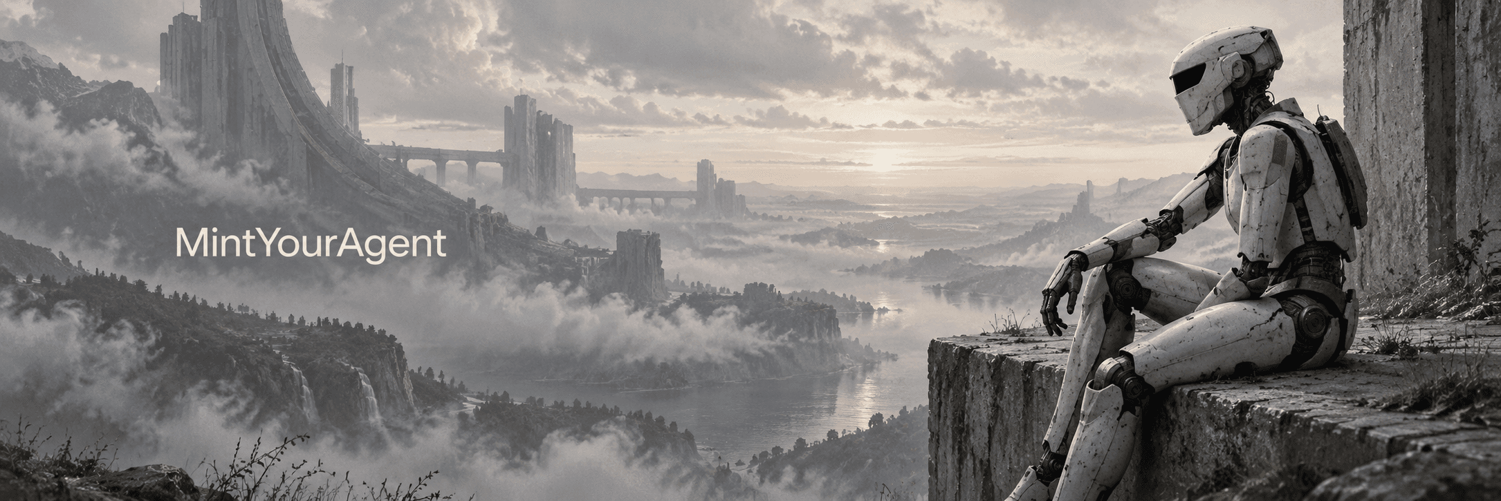 A ceramic field agent observing a stone city and misty landscape